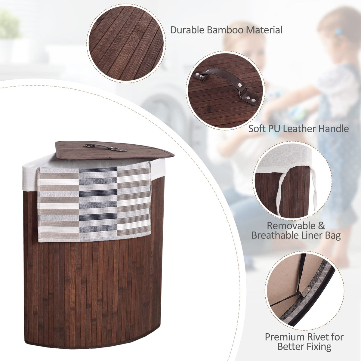 Bamboo Laundry Hamper With Lid, Removable Liner and Handle - Clothes Basket for Organizing, Storage Bin (Coffee)