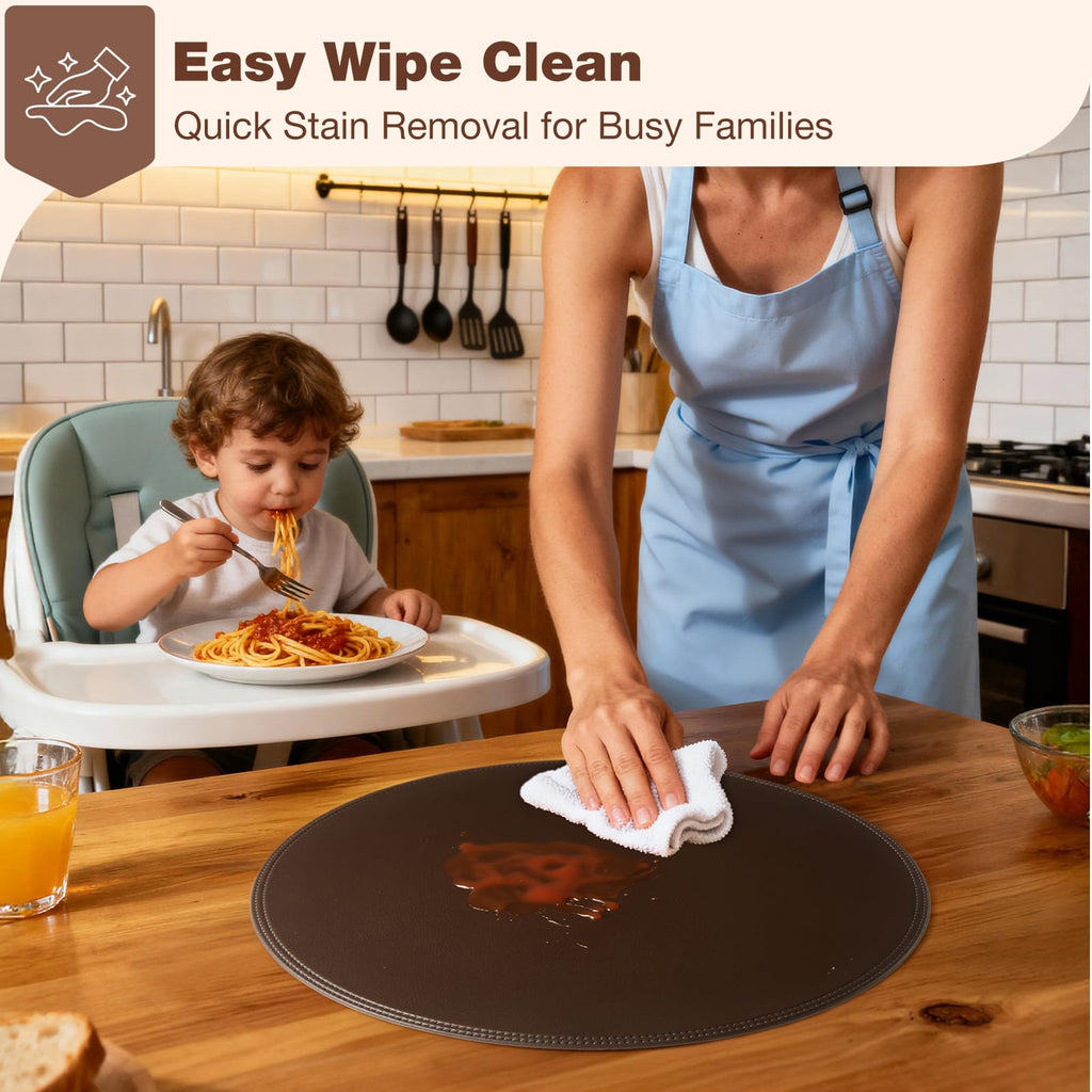Round Vinyl Brown Placemats Set of 6, Faux Leather Waterproof Wipeable Heat Resistant Place Mats, Washable Table Mats