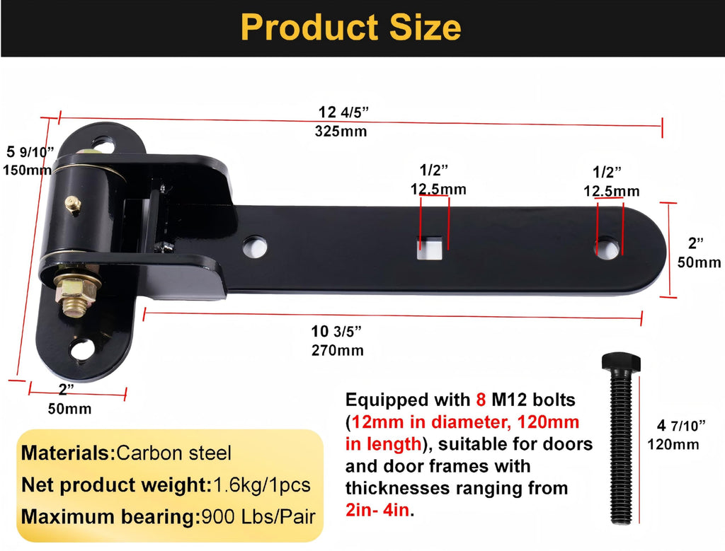 13" Heavy Duty Gate Hinges, 900 LBS Load Capacity, Thickened Solid Steel