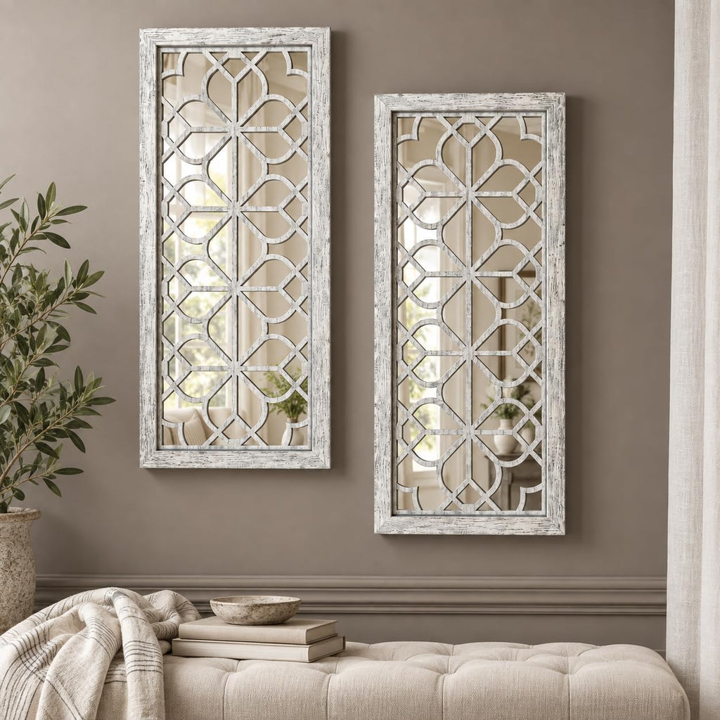 Set of 2 13x30 Inch Large Grey Shatterproof Carved Floral Wood Frame Wall Mirrors, Boho Farmhouse Rustic Accent