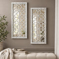 Set of 2 13x30 Inch Large Grey Shatterproof Carved Floral Wood Frame Wall Mirrors, Boho Farmhouse Rustic Accent
