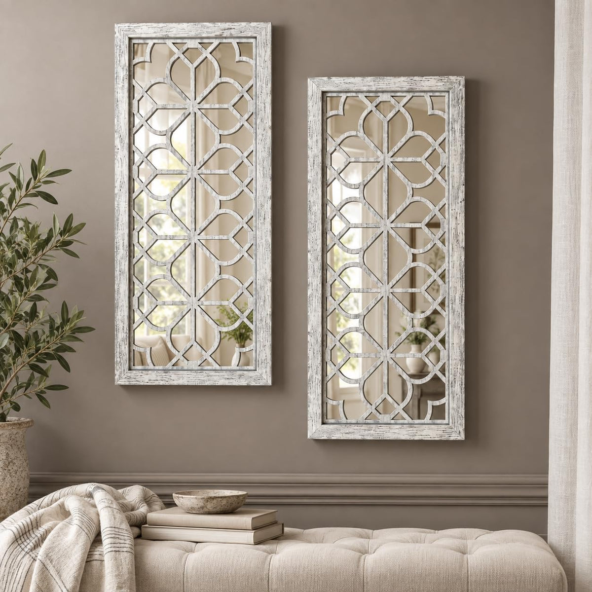 Set of 2 13x30 Inch Large Grey Shatterproof Carved Floral Wood Frame Wall Mirrors, Boho Farmhouse Rustic Accent