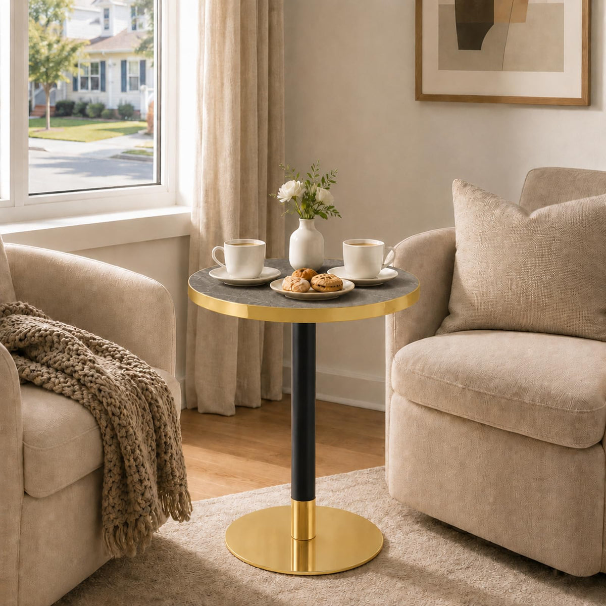 Inspired Saarinen Style 23.6" Small Round Dining Table for 2, Circle Tulip Table, Faux Marble Top with Gold Metal Pedestal Base, Modern