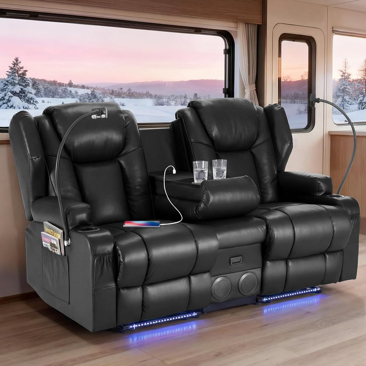 Redlife Power Loveseat Recliner Sofa with Console, PU Leather Dual Reclining Couch with Blue LED Lights