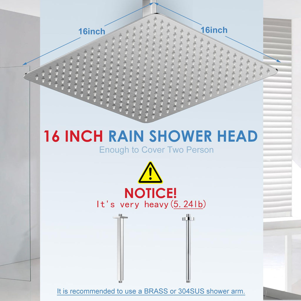 16 inch Brushed Nickel Large Rain Shower Head - All Metal 304 Stainless Steel, Full Body Rainfall Shower with 324