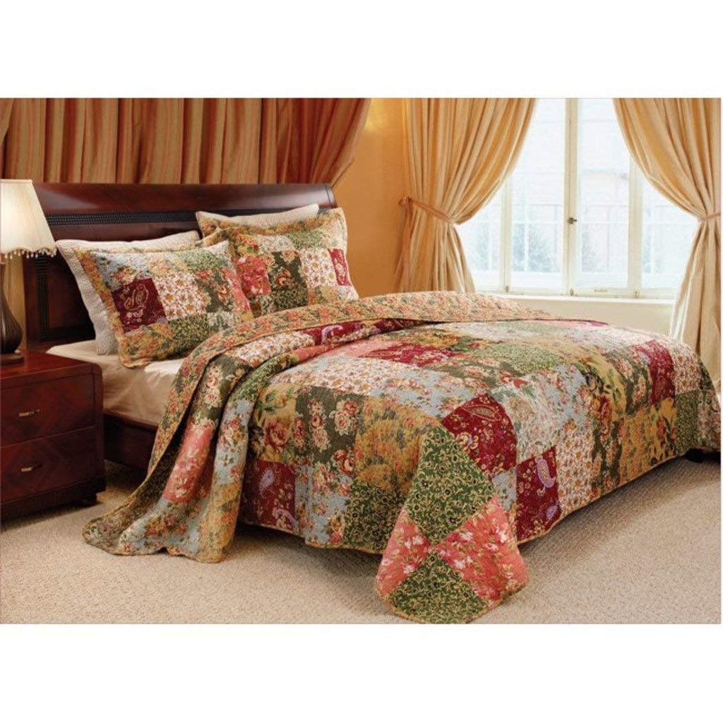 3pc Oversized Full Sized Bedspread Quilt Set Floor, Red Coral Moss Sage Green Mustard Yellow Golden Tan Navy Blue