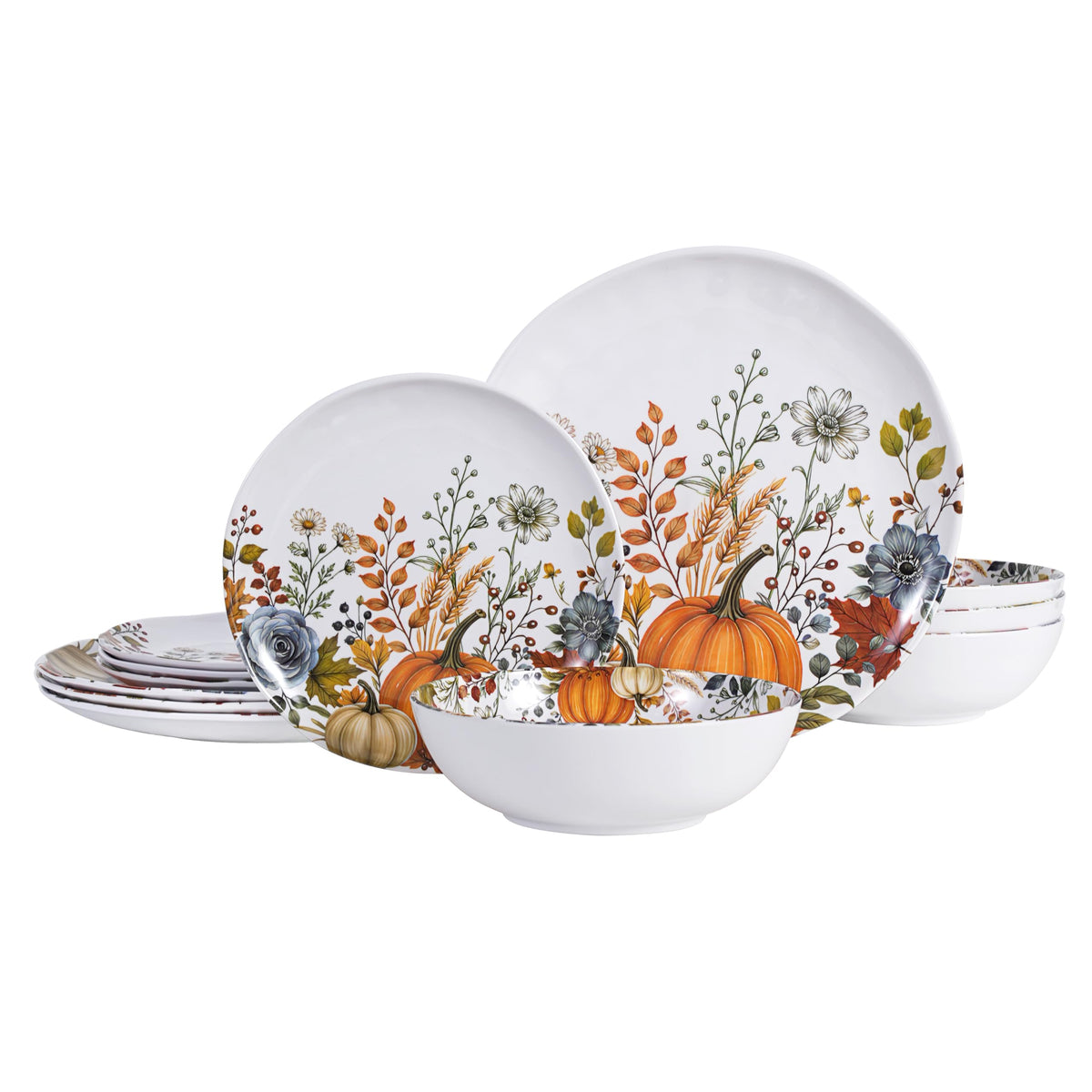 12pcs Melamine Dinnerware Set - Fall Pumpkin Plates and Bowls for RV