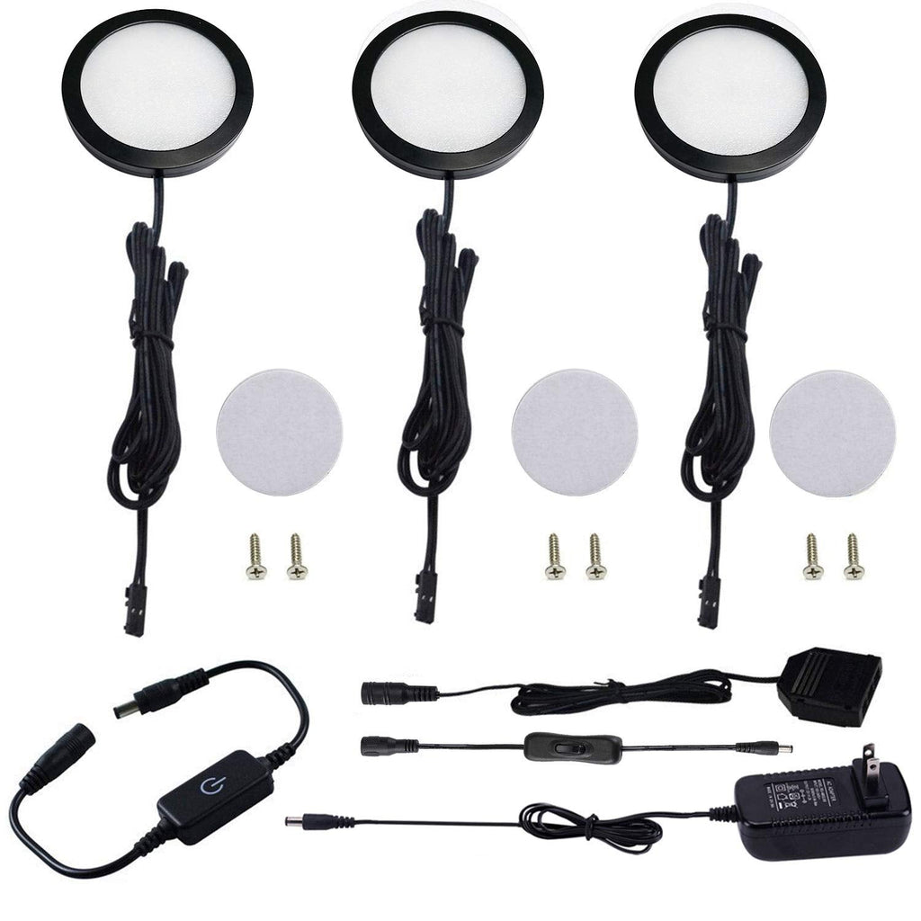 Under Cabinet LED Black Cover Puck Lighting Kit with Touch Dimmer Switch Cupboard Closet Lighting (3 Lights,Warm