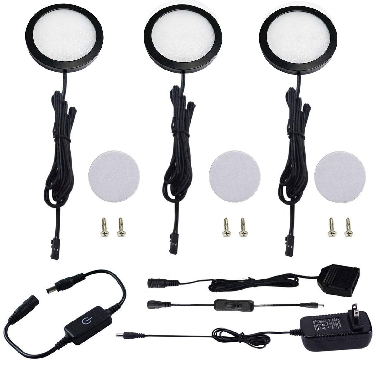 Under Cabinet LED Black Cover Puck Lighting Kit with Touch Dimmer Switch Cupboard Closet Lighting (3 Lights,Warm
