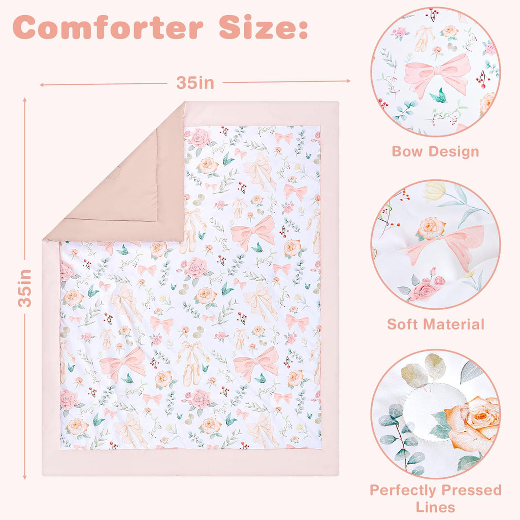 Crib Bedding Set for Girls 4-Piece, Bow Baby Girl Crib Bedding Set Pink Flowes, Nursery Sets Includes Comforter