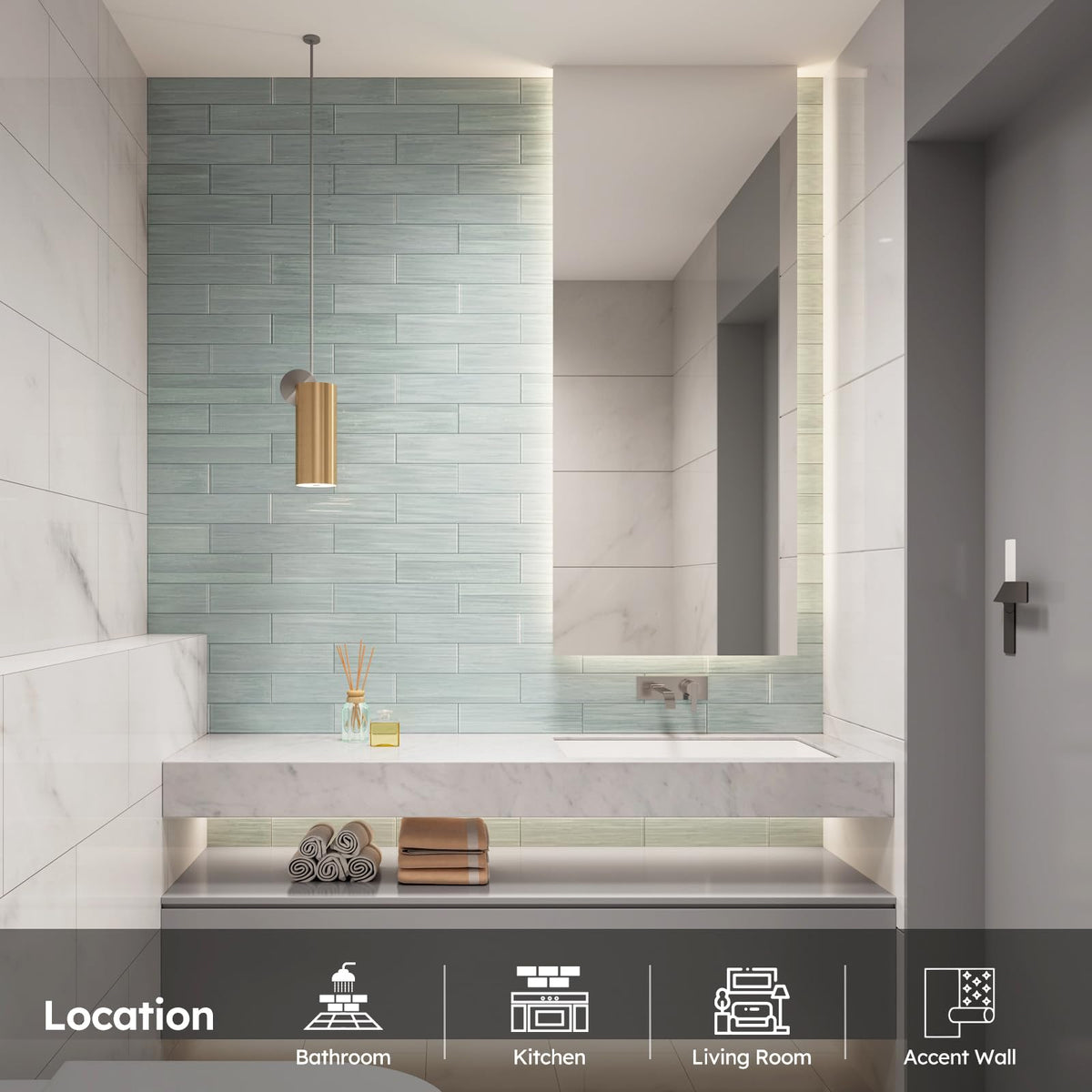 Peel and Stick Glass Subway Tiles, Pearl Gray, 3x12 Inch, 5 Sq.ft