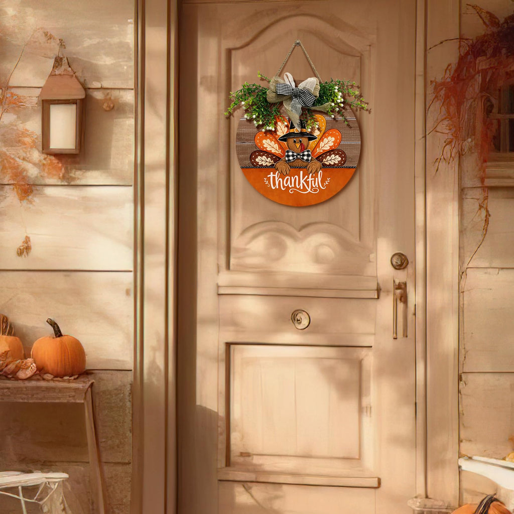 Thanksgiving Thankful Turkey Door Sign for Front Porch Farmhouse Round Wood Hanging Sign with Wreath and Bow Greenery