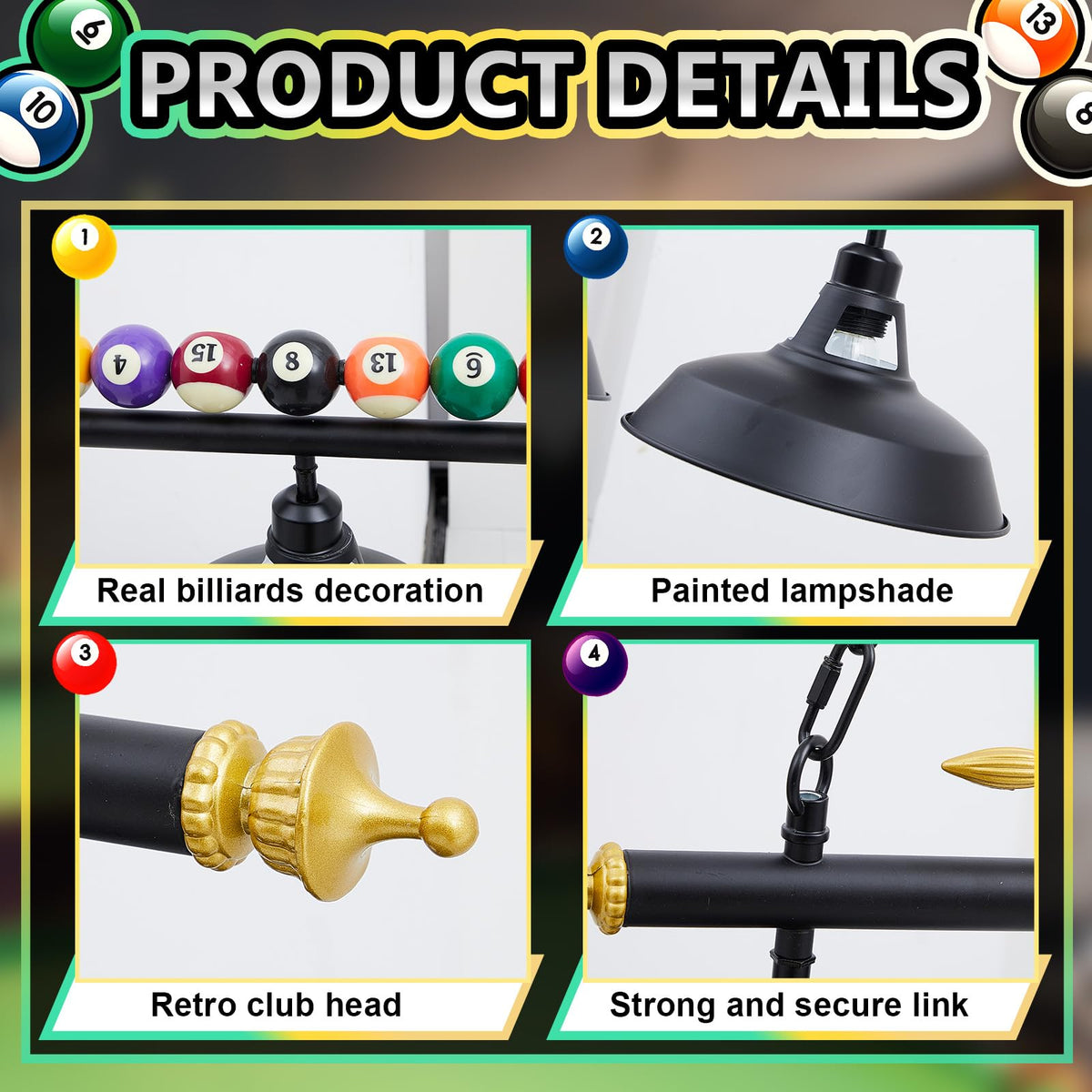 Adjustable Pool Table Lights, 4 Lights for 7'-8' Billiard Table