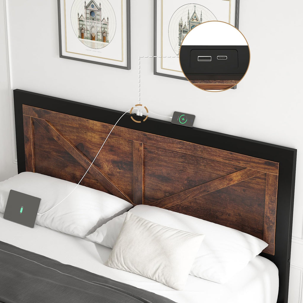 Led Bed Frame with USB Charging Station, Industrial Platform Bed Frame with Farmhouse Barn Door Headboard