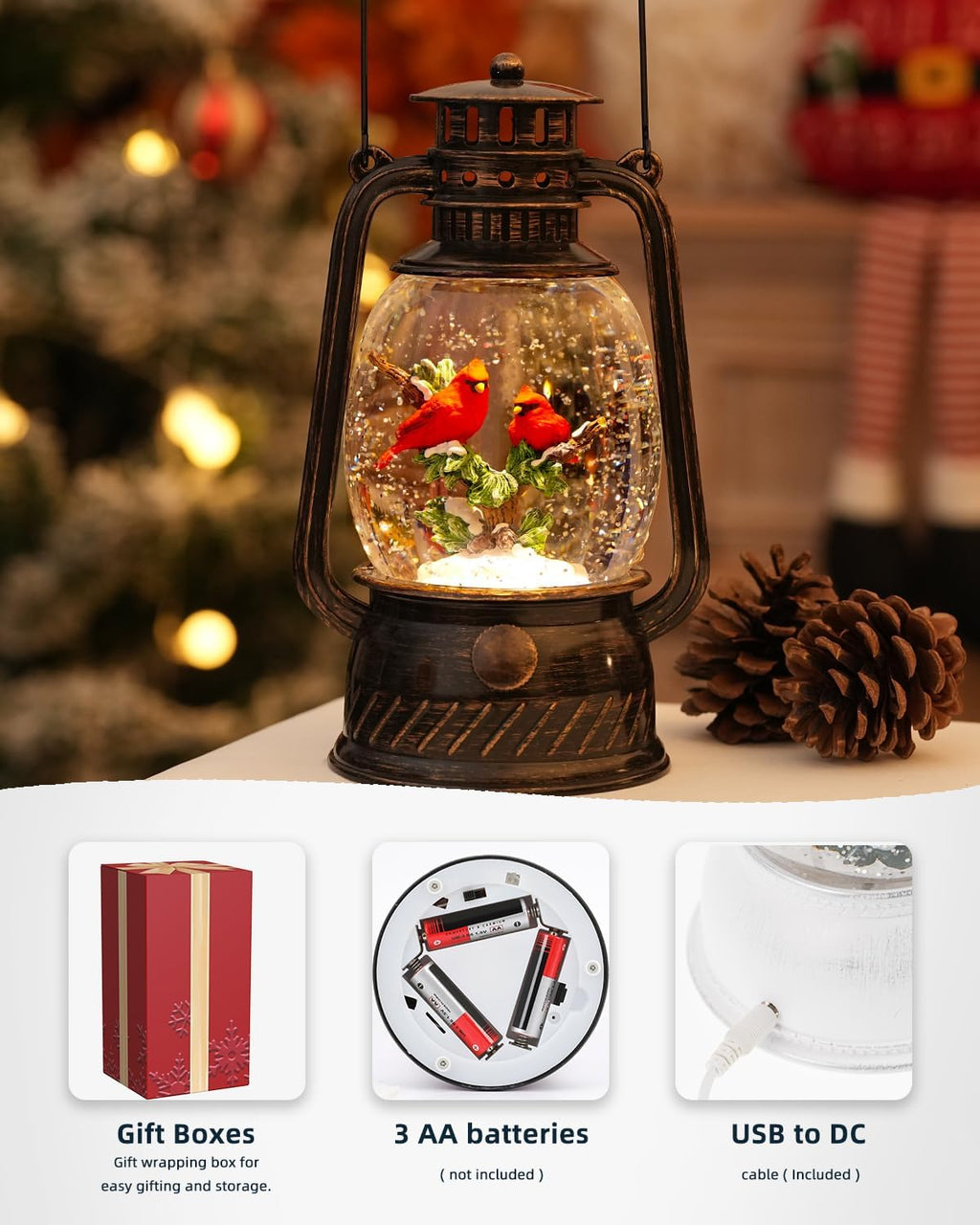 Christmas Snow Globes Cardinal Gifts,Christmas Decorations Cardinal Snow Globe, Musical Lantern Light Up 6H Time
