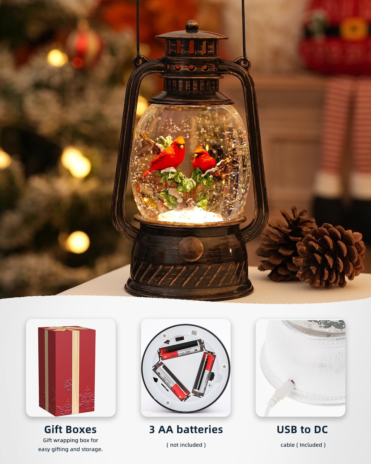 Christmas Snow Globes Cardinal Gifts,Christmas Decorations Cardinal Snow Globe, Musical Lantern Light Up 6H Time