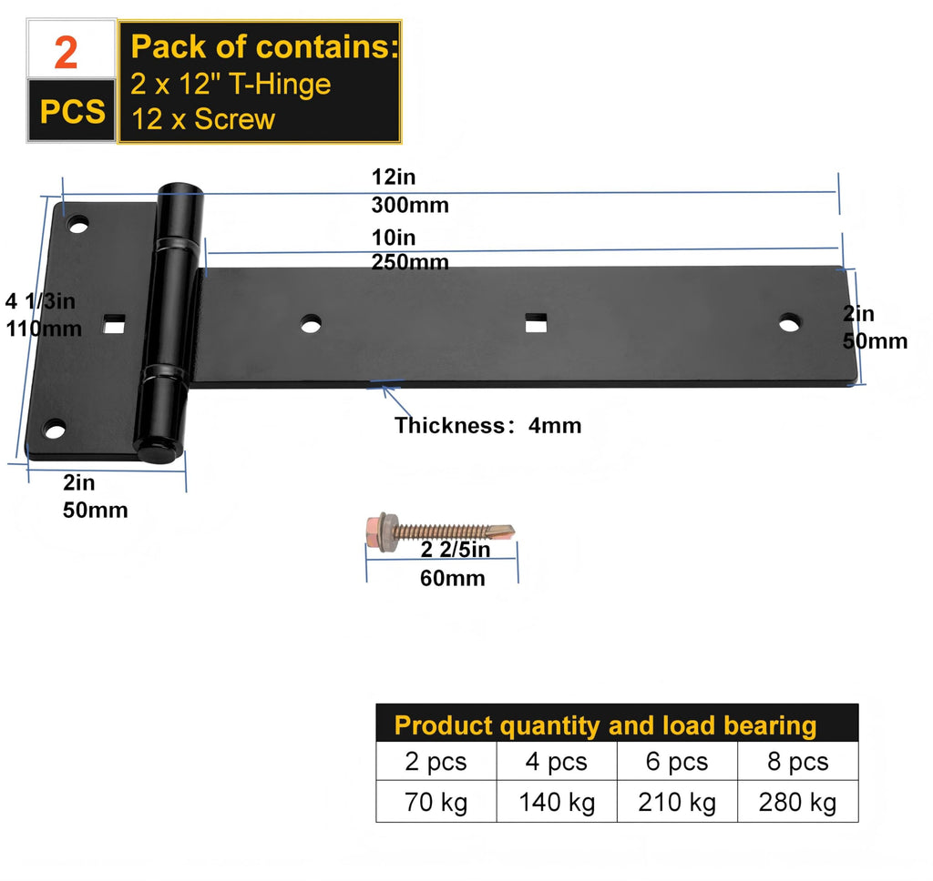 12 Inch Heavy Duty T Strap Hinges, Thickened Solid Steel