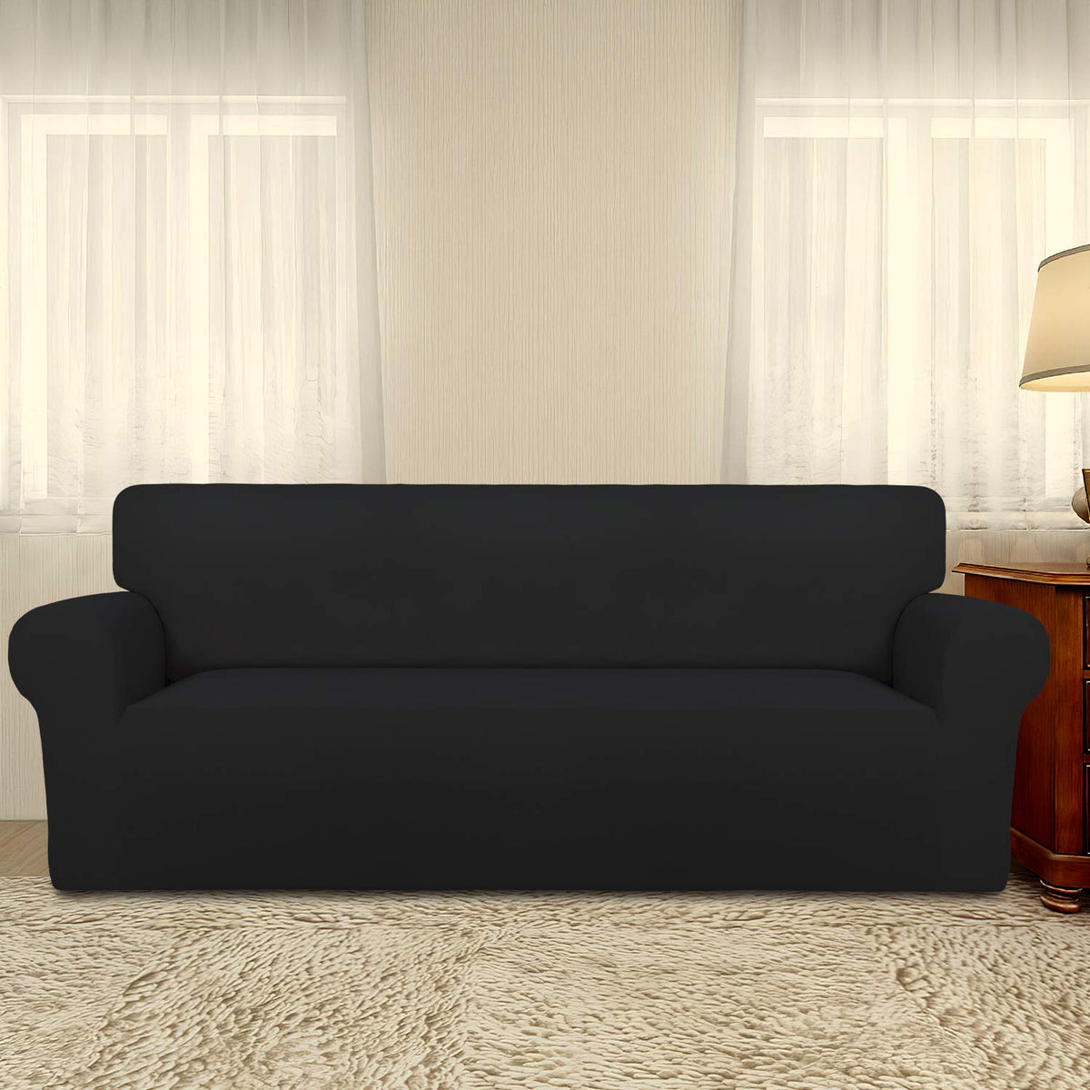 Stretch Oversized Couch Covers Fleece Sofa Slipcovers Black