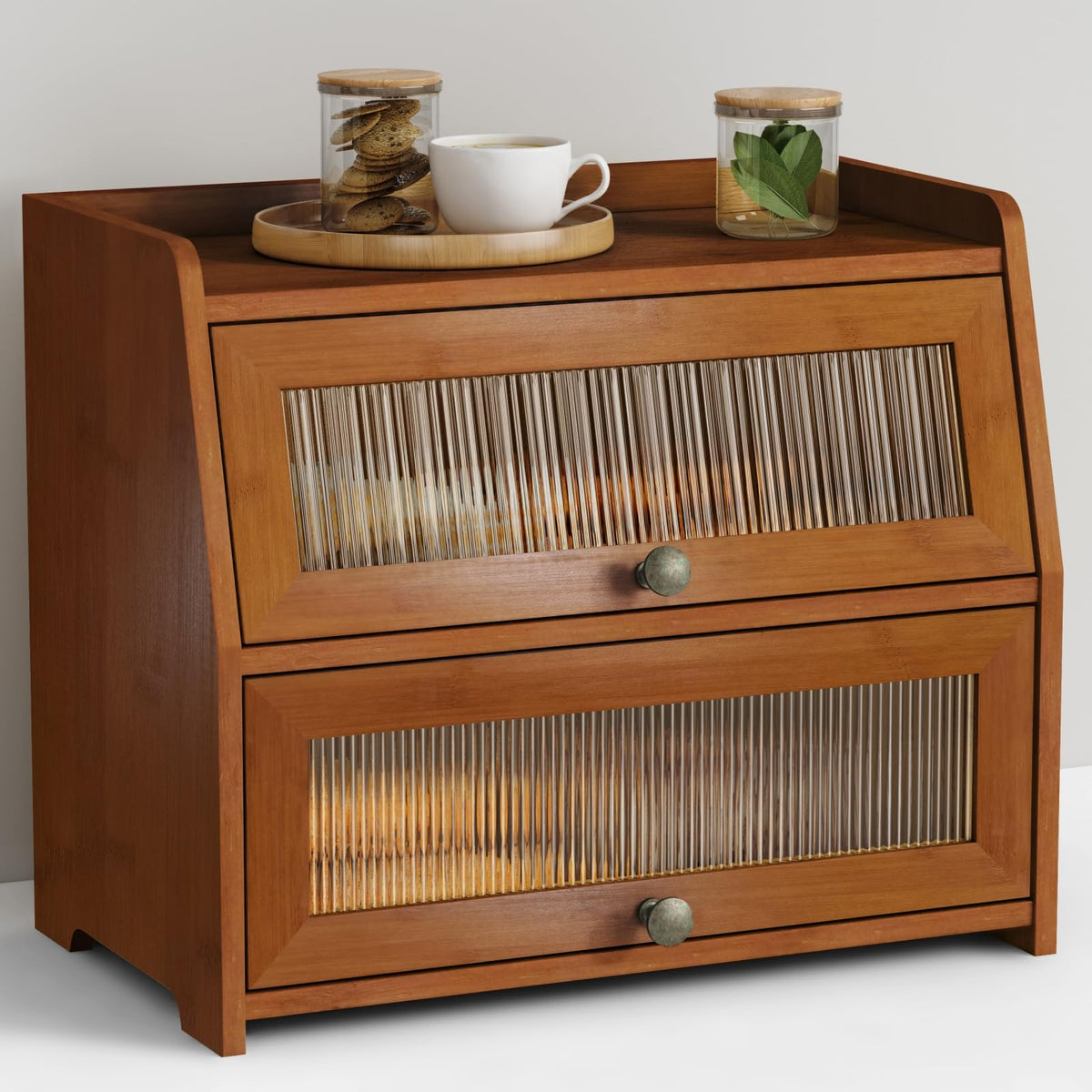 Wooden Countertop, Dark Wood Bread Storage Container made Bread, 2 Tier Roll Top Breadbox Holder Keeper for Sourdough