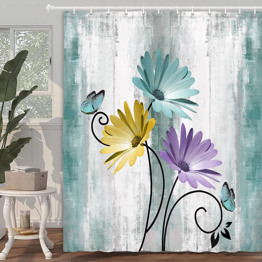 Happy Campers Rustic Farmhouse Shower Curtain, Farm Teal Daisy Floral Flowers on Country Wooden Travel Trailer