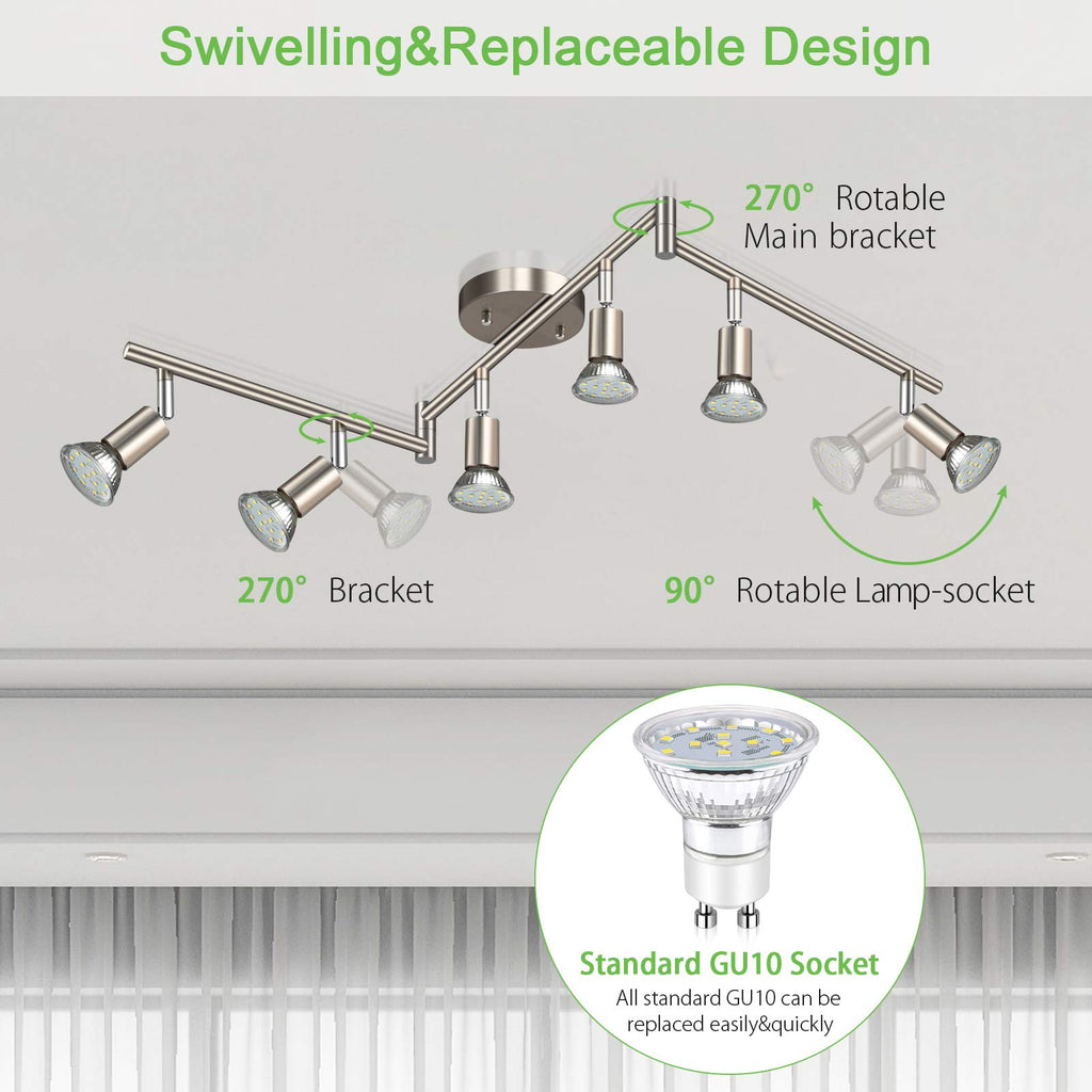 LED 6 Light Track Lighting Kit, 46.5'' Matt Nickel 6 Way Ceiling Spot Lighting, Flexibly Rotatable Head, Modern Track