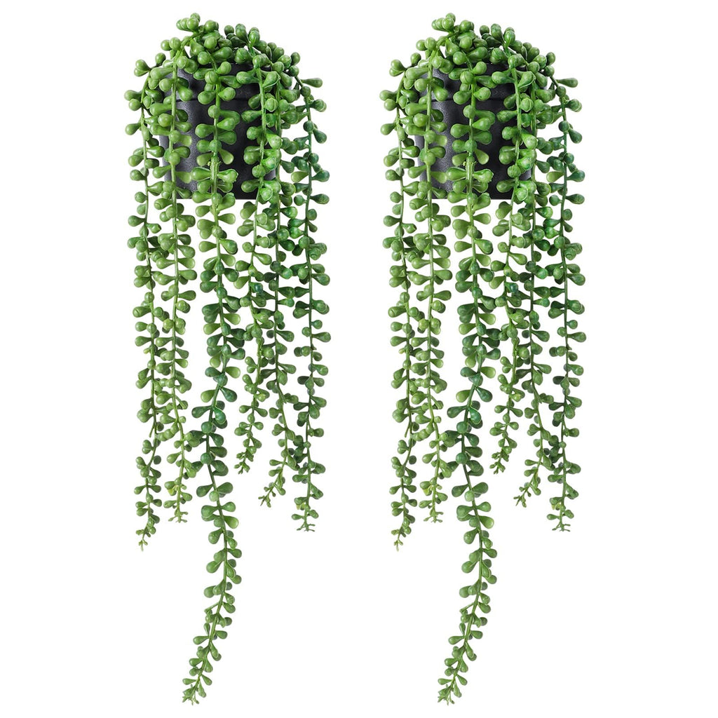 String of Pearls Plant Artificial, 2pcs Faux Plants Indoor in Black Pots, Realistic Green Fake Succulent Hanging