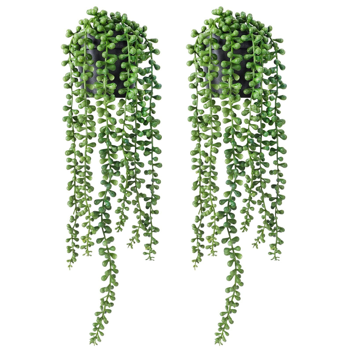 String of Pearls Plant Artificial, 2pcs Faux Plants Indoor in Black Pots, Realistic Green Fake Succulent Hanging