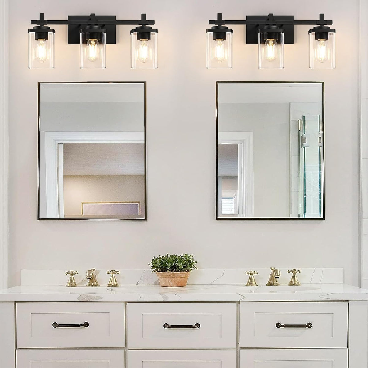 3-Lights Bathroom Vanity Light Fixtures, Modern Black Vanity Lights Over Mirror with Clear Glass Shade , Wall Mounted