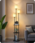 Floor Lamp with Shelves, Modern Floor Lamp with 3 Linen Shades and Foot Switch, 3-Light Standing Lamp