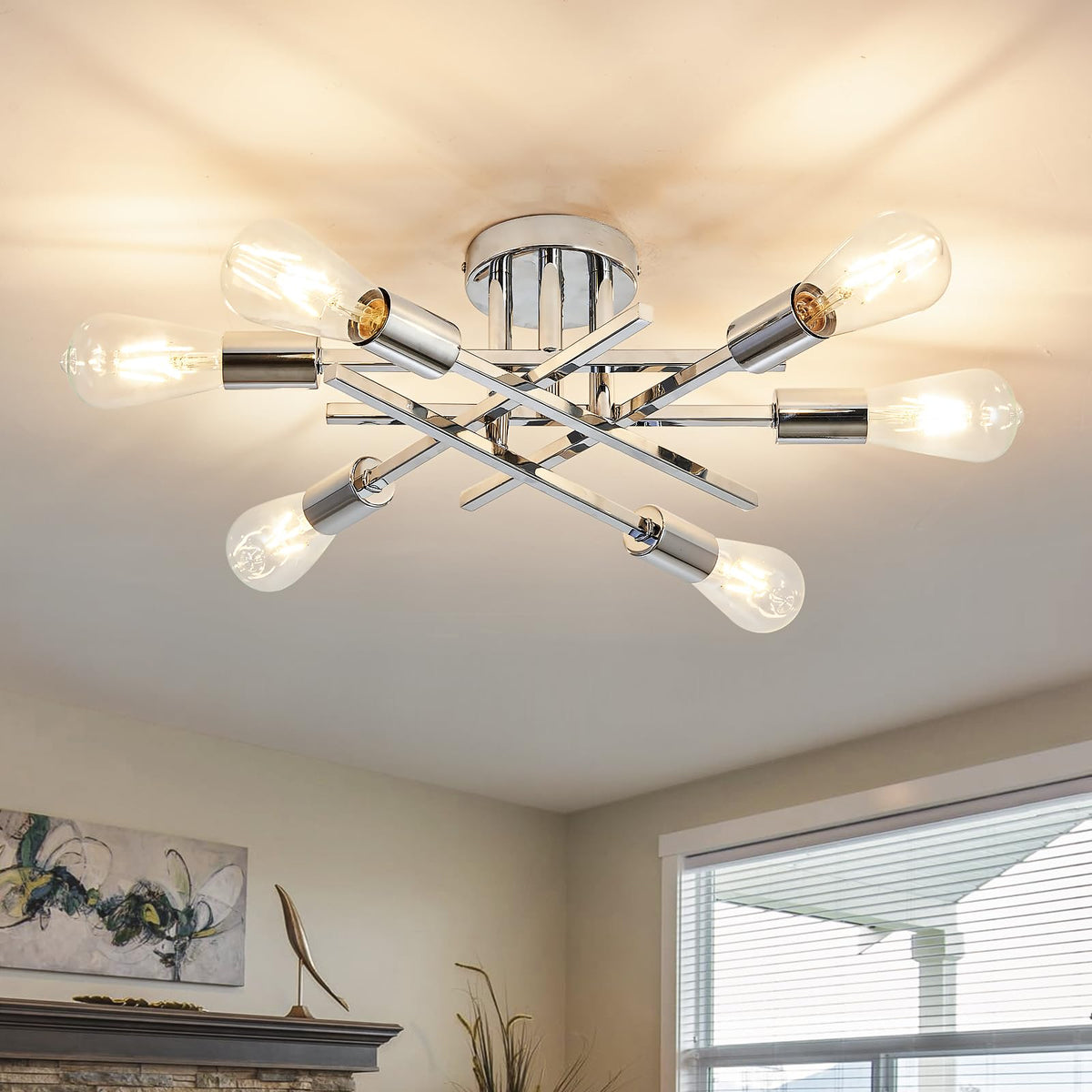 6-Lights Semi Flush Mount Ceiling Light Fixture Modern Chrome Matte Sputnik Chandelier Farmhouse Ceiling Lighting
