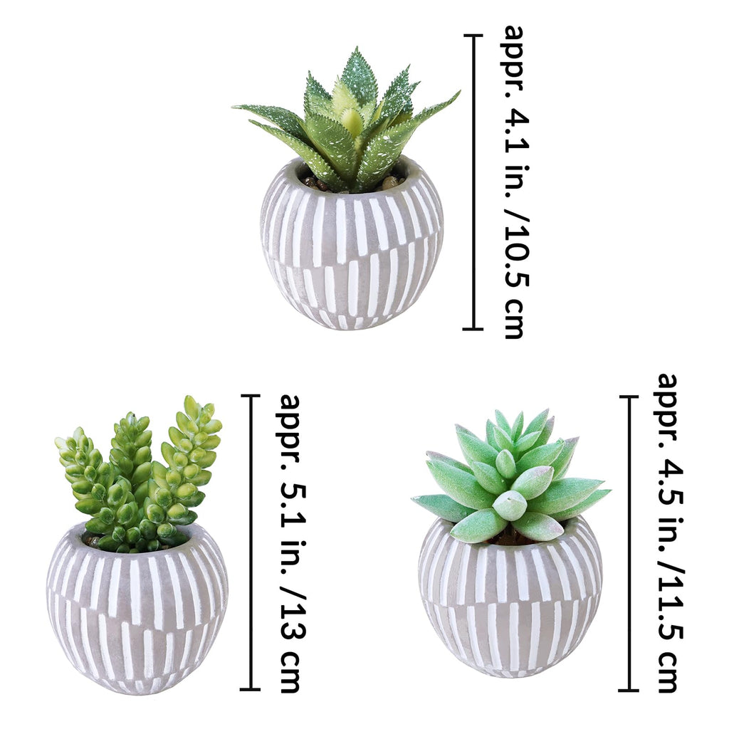 Set of 3 Artificial Succulents Plants in Mini Gray and White Geometric Cement Pots Faux Potted Plants Aloe
