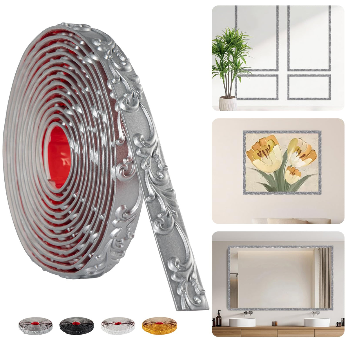 16.4FT x 1.02'' Silver Peel and Stick Crown Molding Trim - Flexible Mirror Trim Peel and Stick, Self-Adhesive