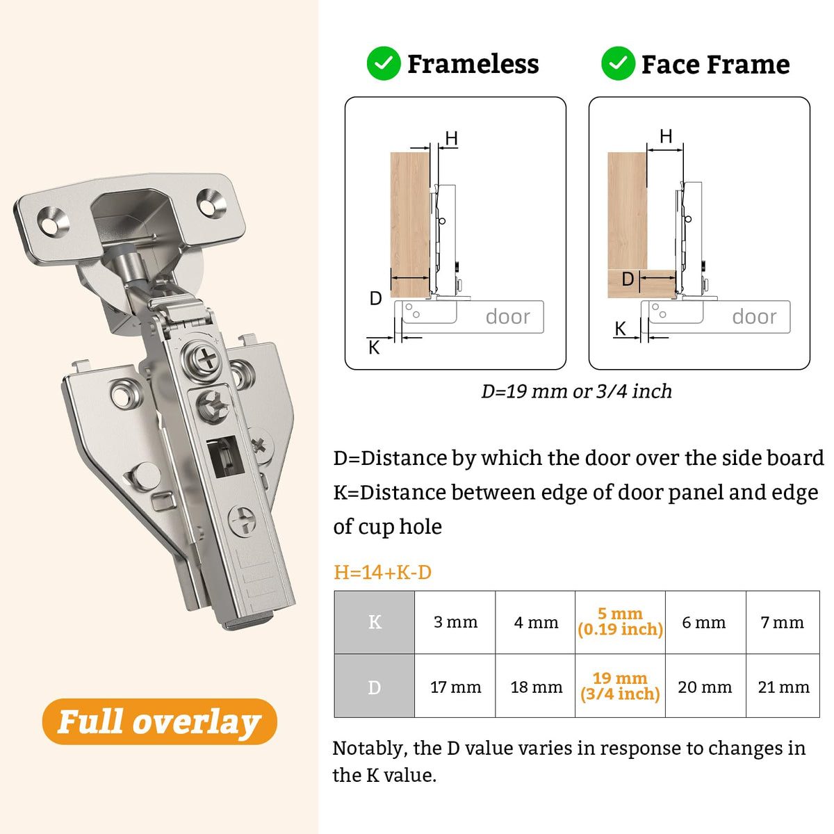 4 Pack Full Overlay Cabinet Hinges, 4D Adjustment, Soft Close 105°