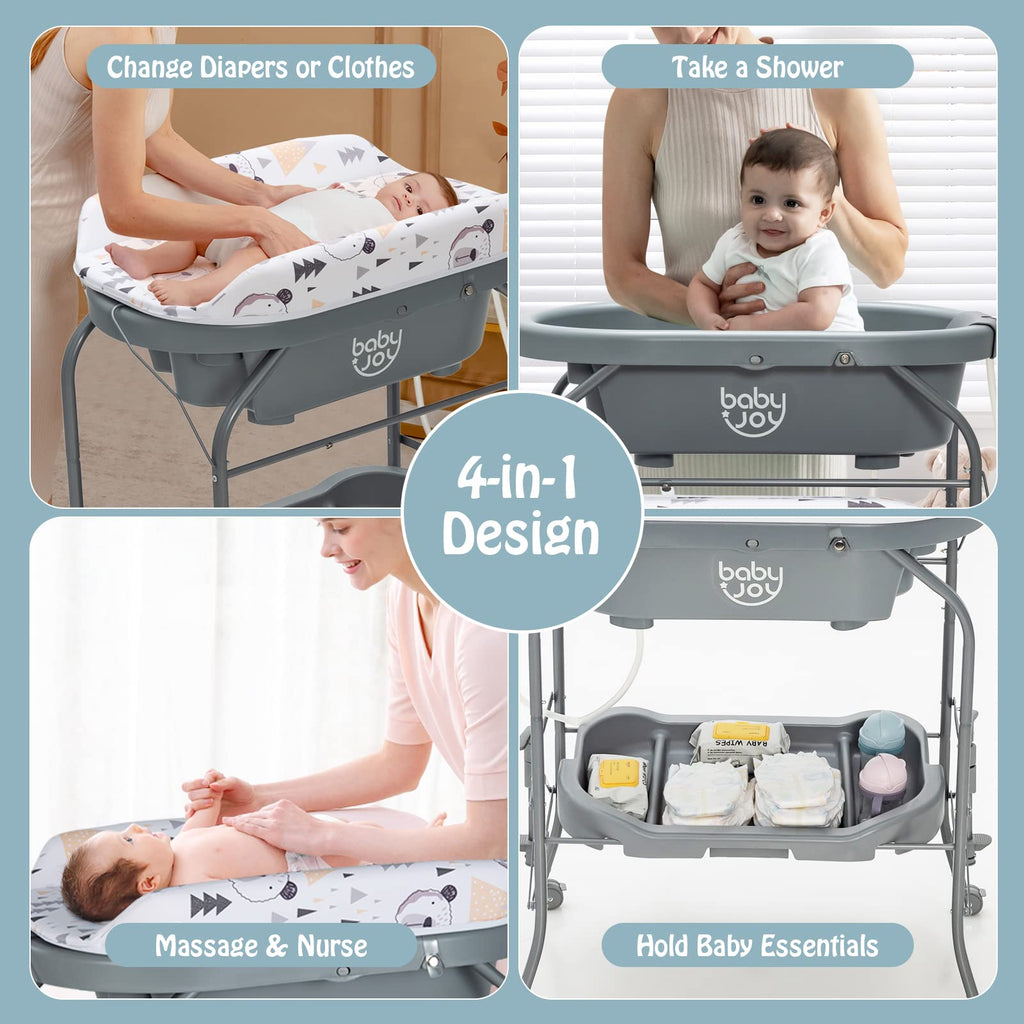 JOY Baby Bathtub with Changing Table, Foldable Infant Diaper Changing Station with Storage Tray, Waterproof Pad