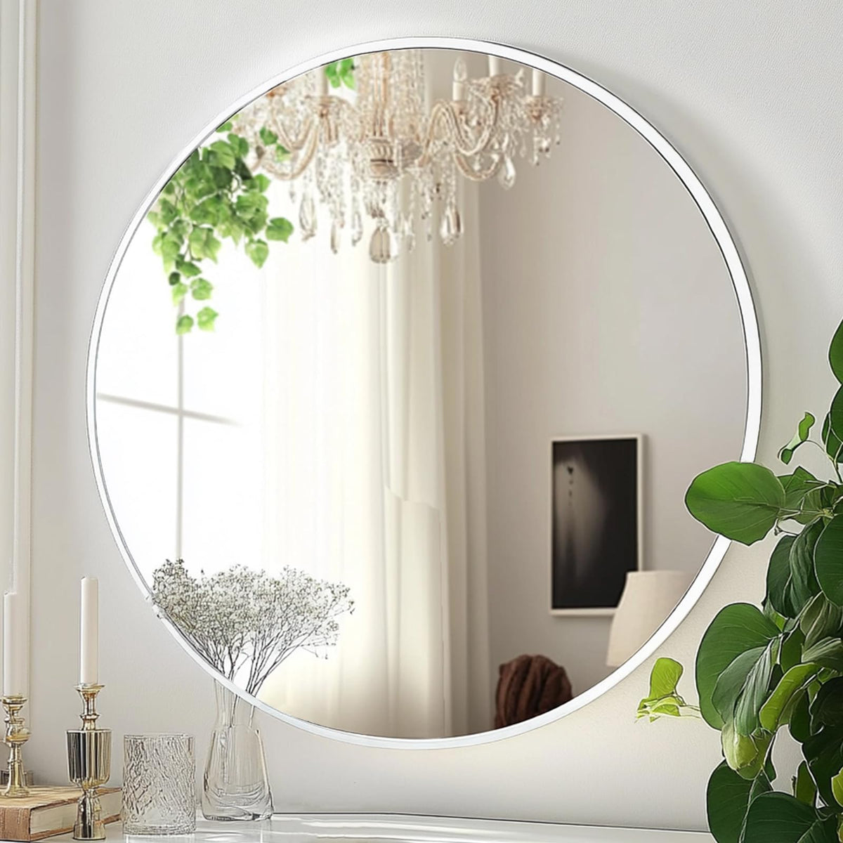 24 inch Circle Mirror White, Round Mirror, Matte White Metal Frame
