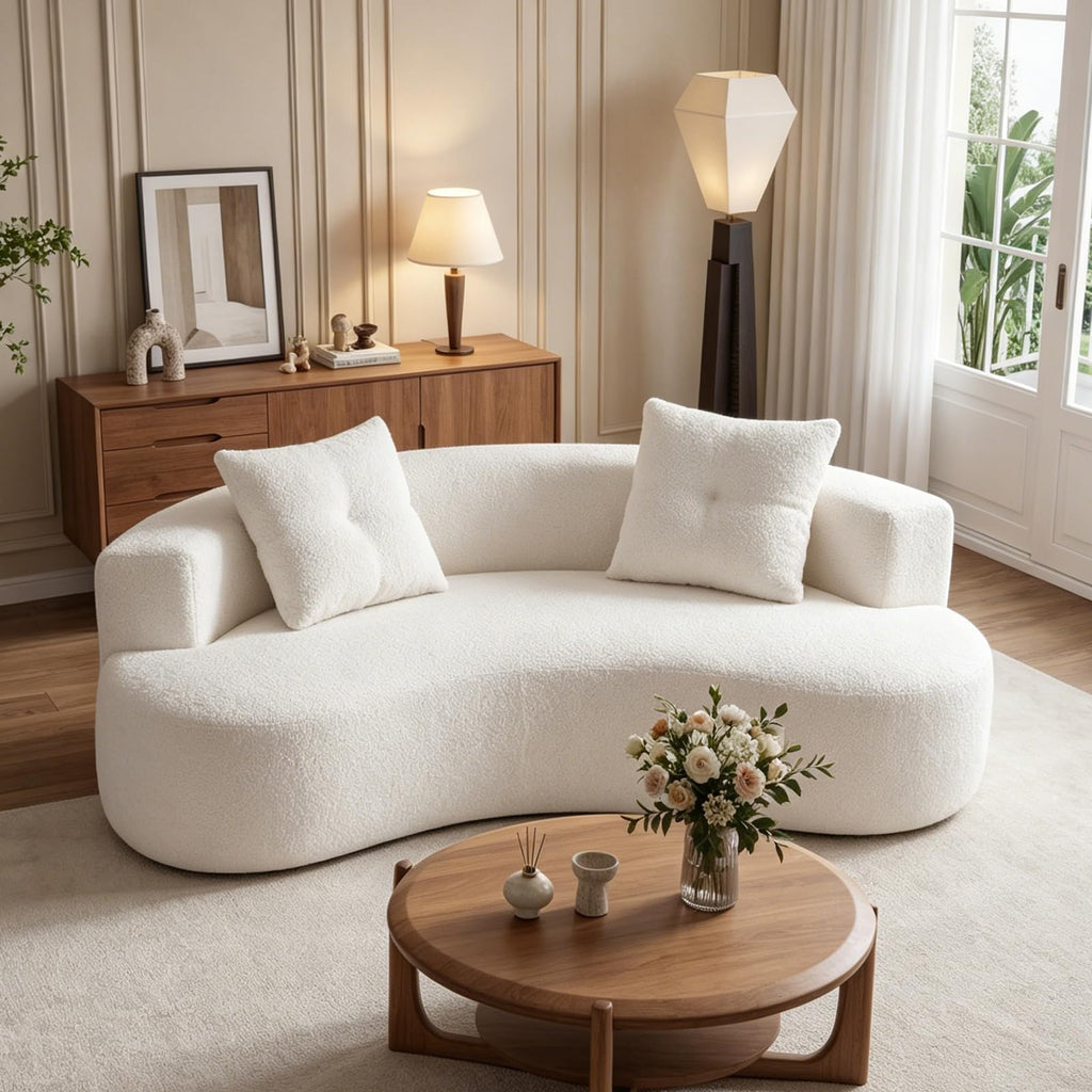 Boucle Curved 79.5" with 2 Pillows, 3-Seater White Couch