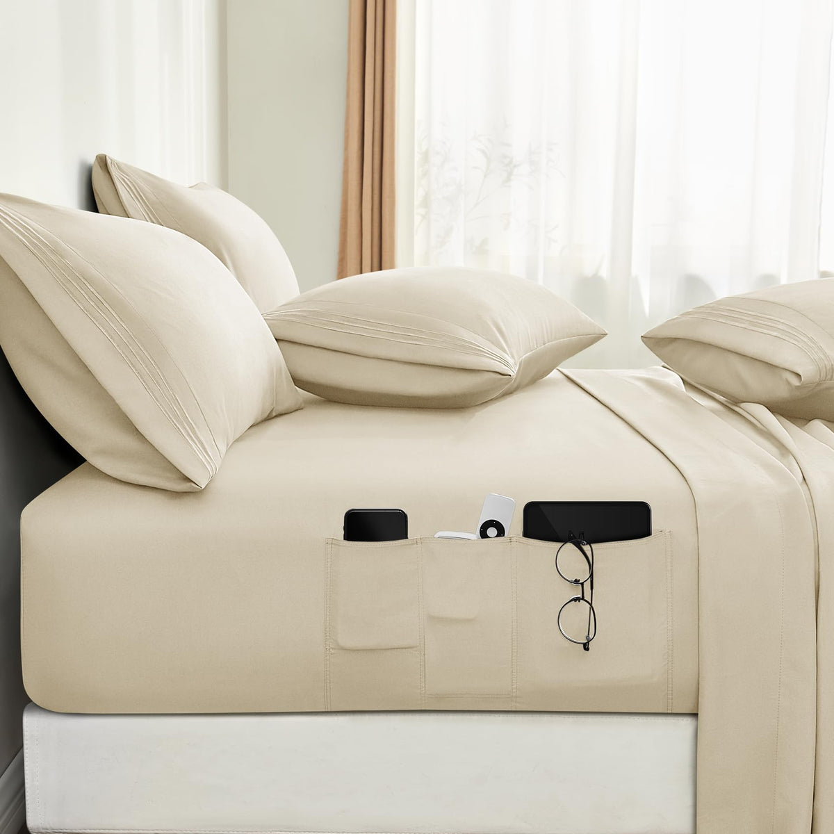 6 Pieces Bed Sheets Set with Pockets on Side(Cream), Sweat-Wicking Breathable Sheets, 16-inch Super Soft Hotel
