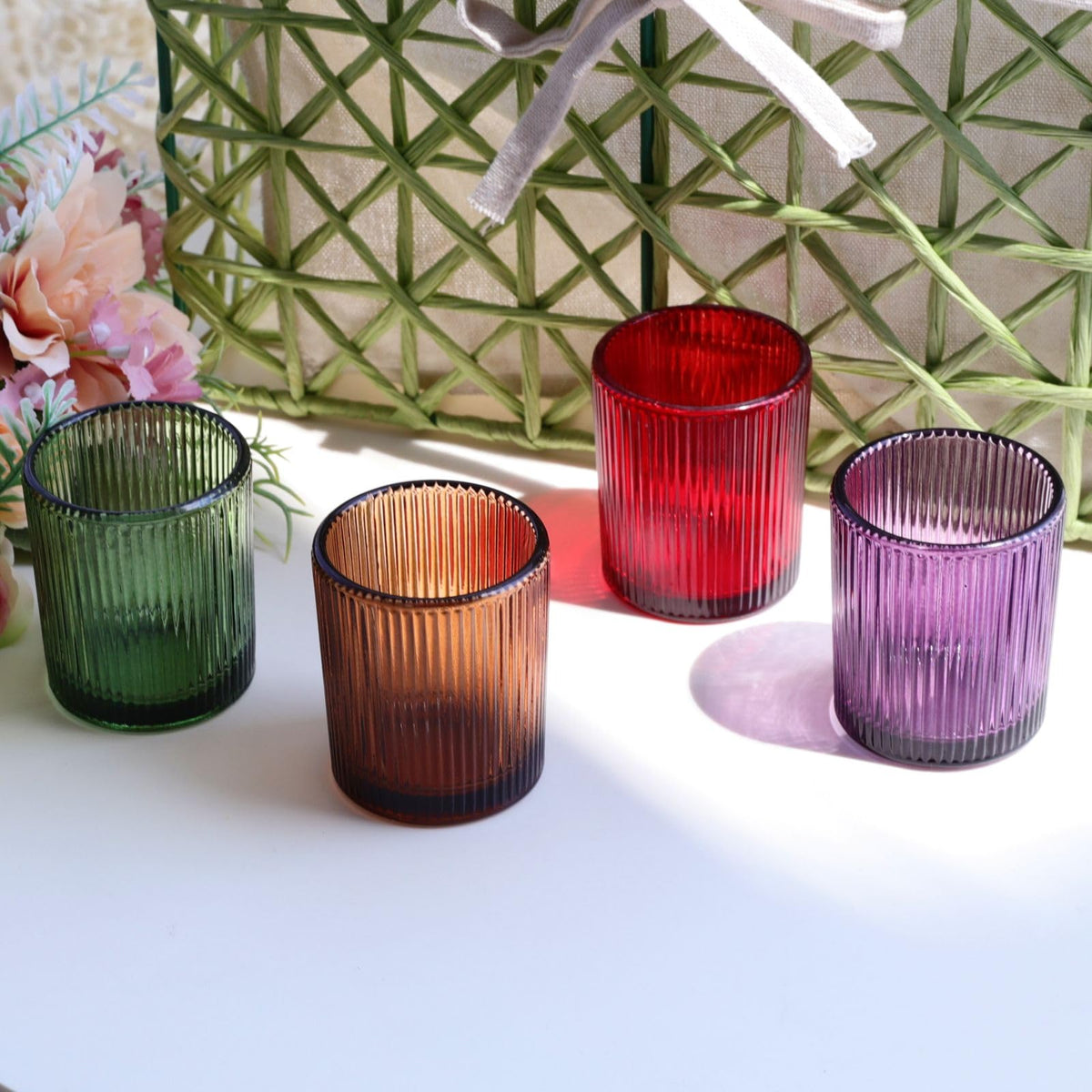 4 Colors Ribbed Glass Votive Candle Holders for Fall Decor, Set of 12