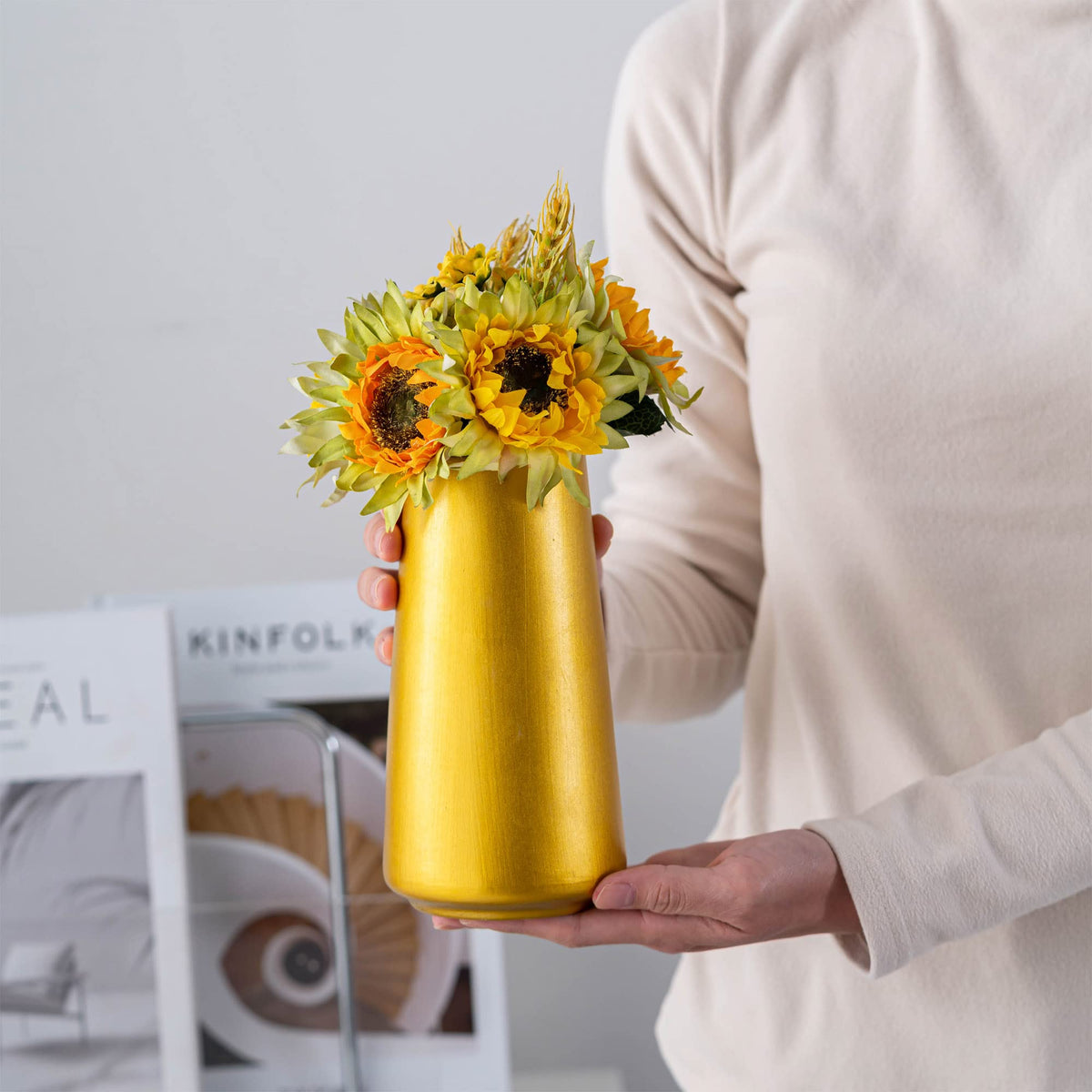 Simple Boho Ceramic Flower Vase Decor (Gold, Big)
