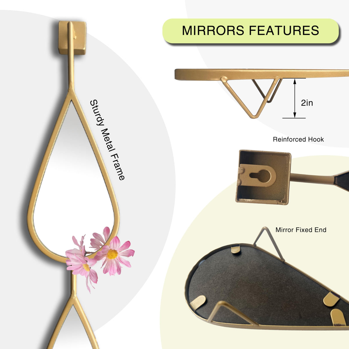 Wall Mirror Decorative Mirrors Mounted Decor Tear Drop Shape Gold Living Room Entryway Bathroom Vanity Brassy Gold