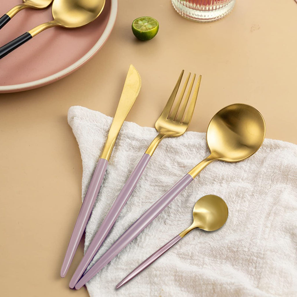 24-Piece Gold and Pink Flatware Set, Stainless Steel Cutlery Set for 6, Includes Knives, Forks, Spoons, Modern Home