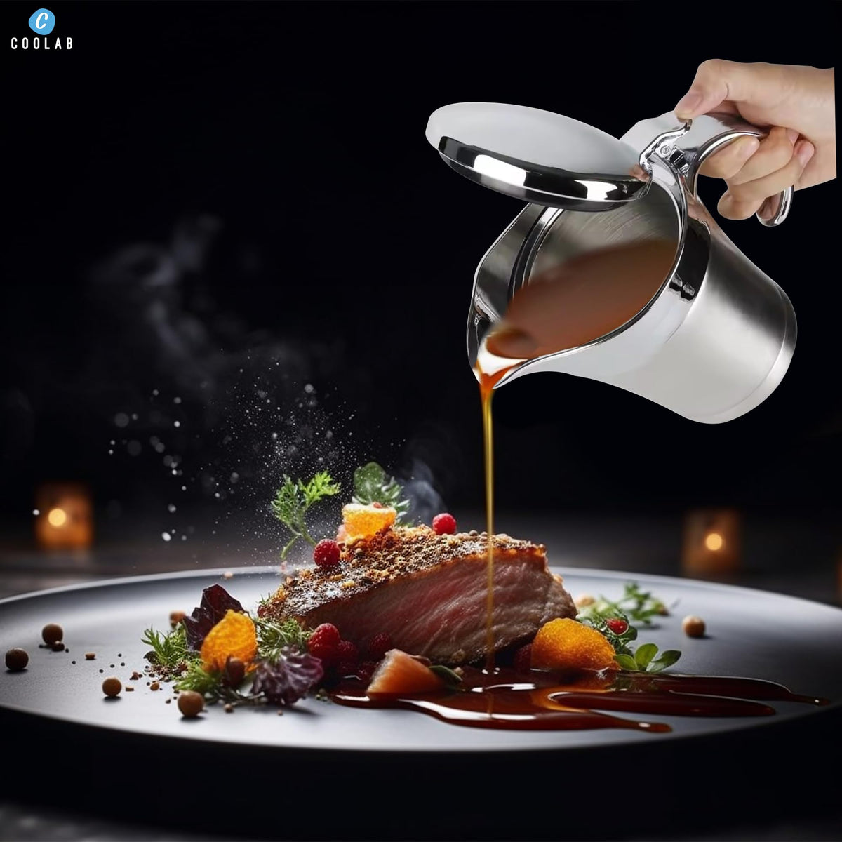 Stainless Steel Gravy Boat with Lid - Double Insulated Gravy Pitcher for Hot & Cold Sauces - Elegant Sauce Boat