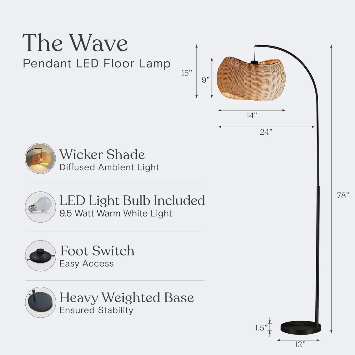 Wave Arc Floor Lamp - Chic Standing Lamp with Unique Hanging Wicker Pendant Shade, Boho Rattan Natural Decor Lamp
