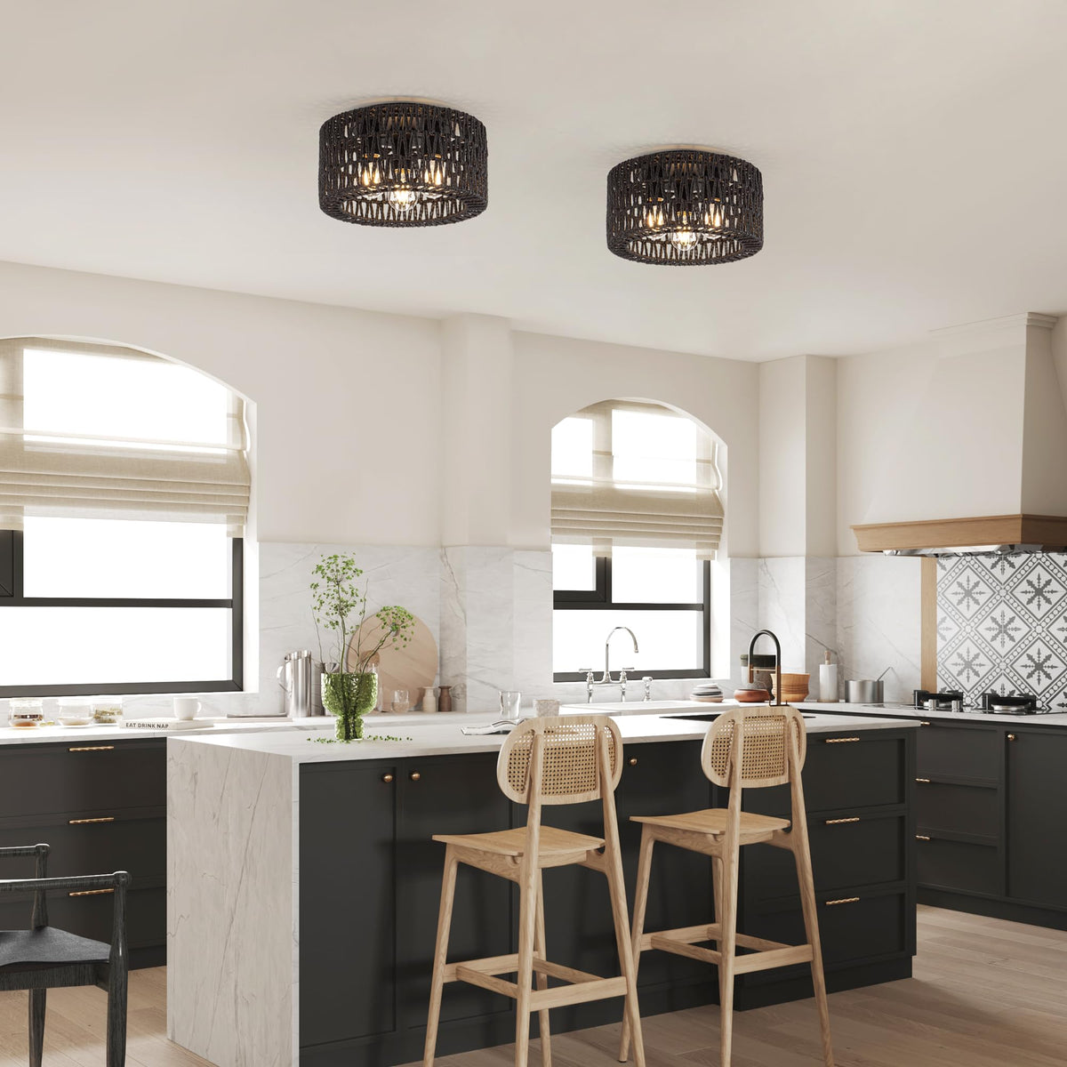 Rattan Ceiling Light Fixture, 3-Light Bohemian Modern Woven Ceiling Light, Black Boho Flush Mount Ceiling Light