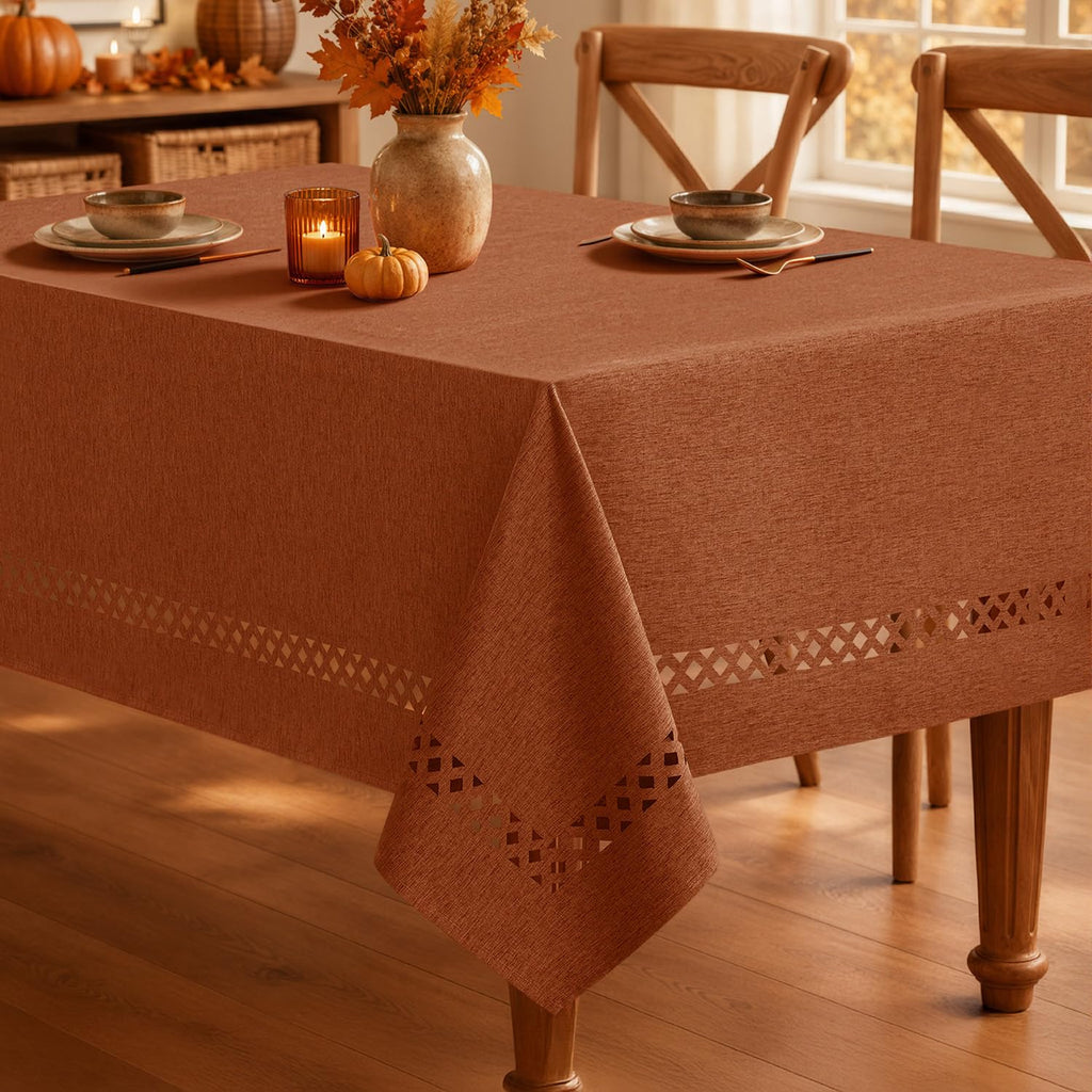 Rust Fall Rectangle Tablecloth with Decorative Cutouts 60x84 Inch