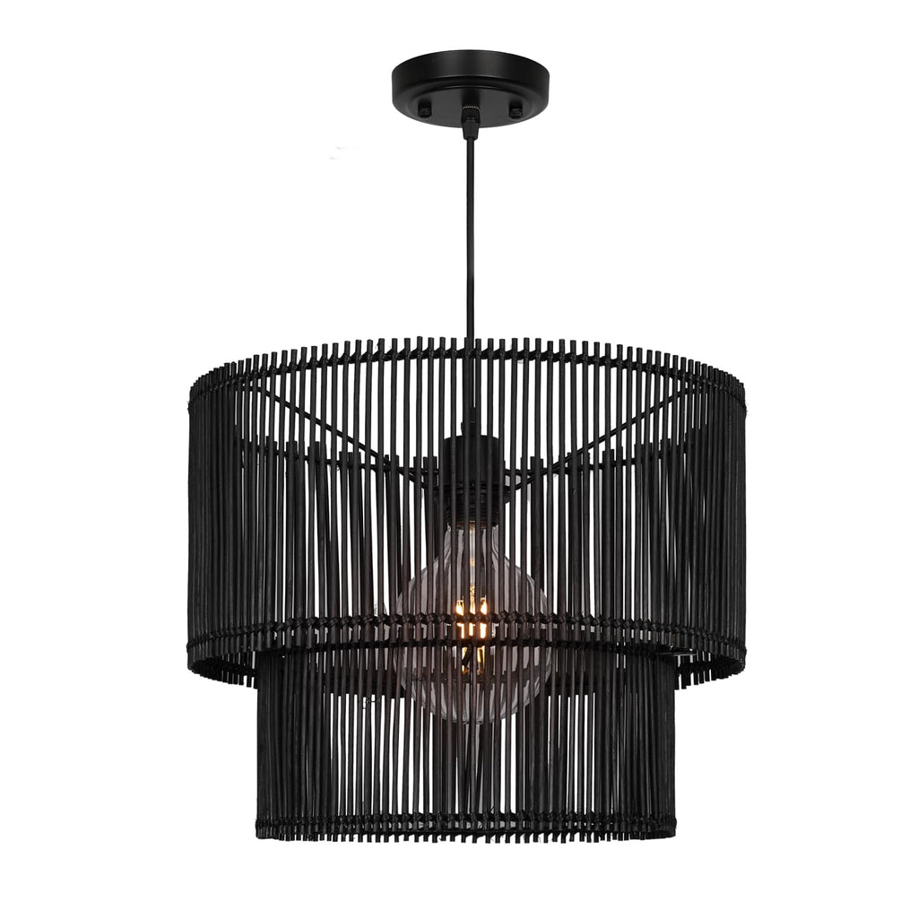 Woven Rattan Pendant Lamp, 16 Inch Large Natural Simple Hand Weaved Coastal Beach Black Rope Hanging Pendant Light