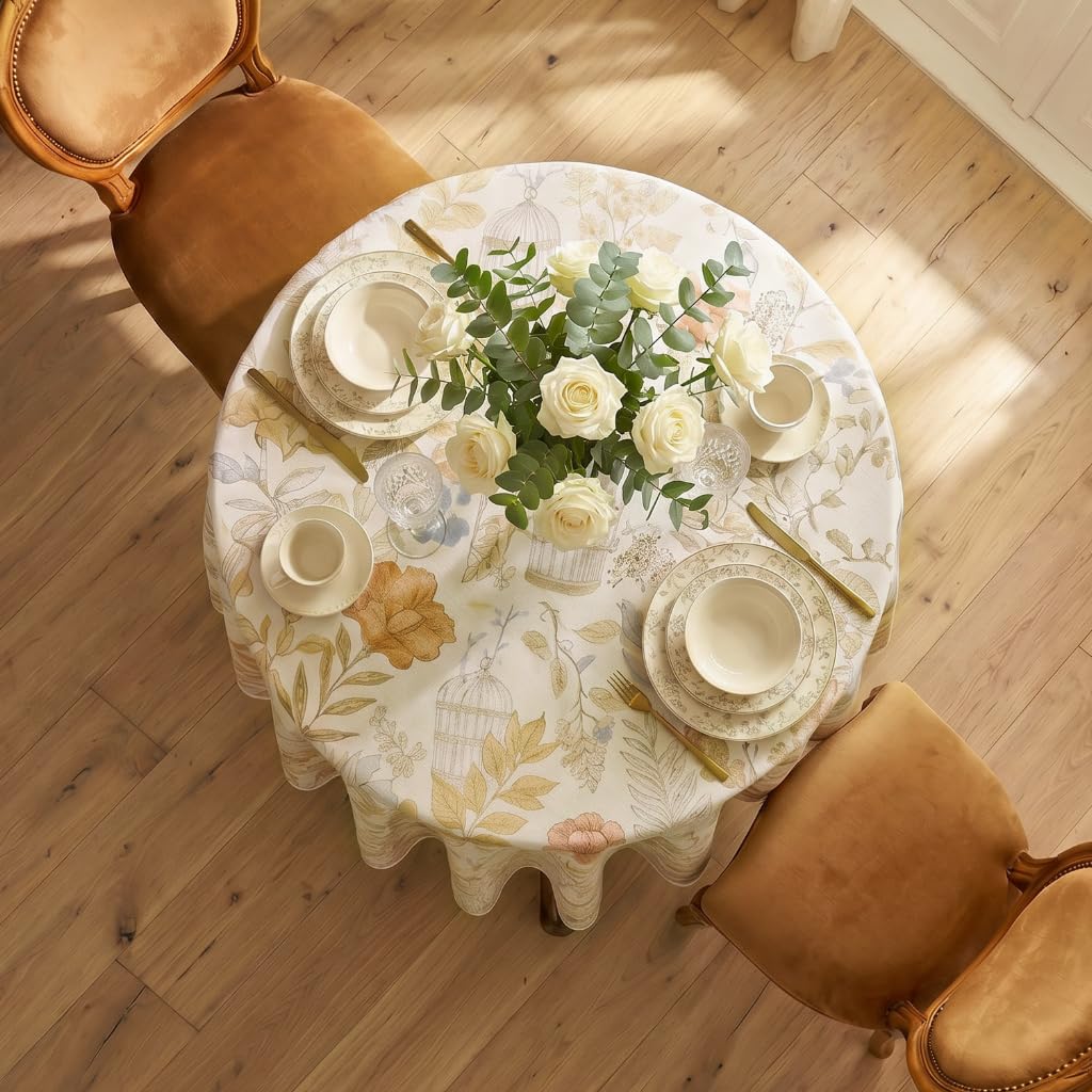 Designer French Farmhouse Fall Tablecloth, Round, Diameter 55"