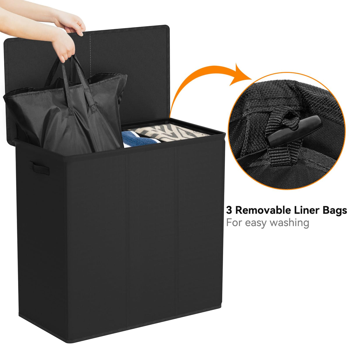 180L Laundry Hamper 3 Section, Large Laundry Basket with Lid