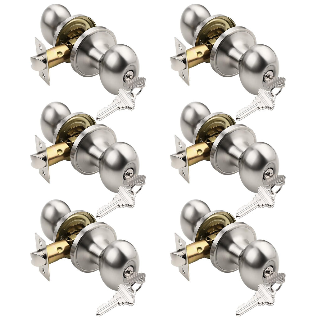 6 Pack Brushed Nickel Door Knob with Lock and Key, Egg Shaped Oval Door Knob Keyed Alike Doorknob /Bathroom/Office