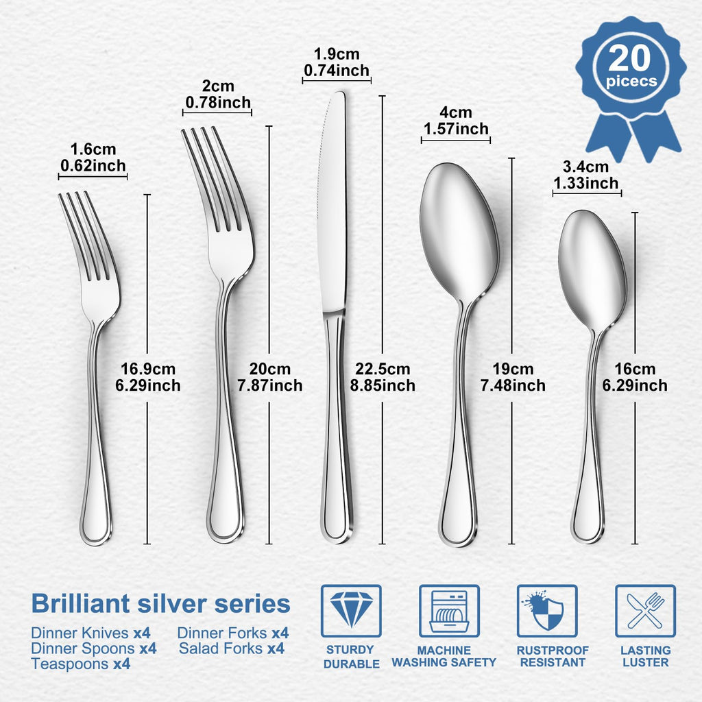 Silverware Set for 4-20 Piece Stainless Steel Flatware Set Including Spoons, Forks, Knives, Mirror Polished Flatware